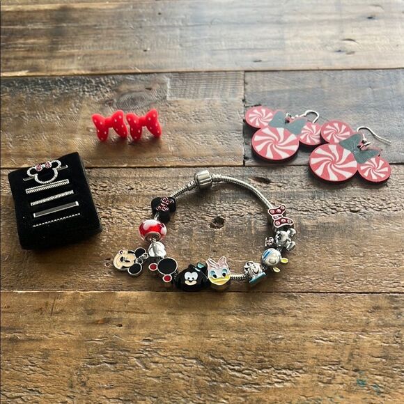 Disney Kids Charm Bracelet and Earrings Set - Red and Silver - Picture 1 of 7